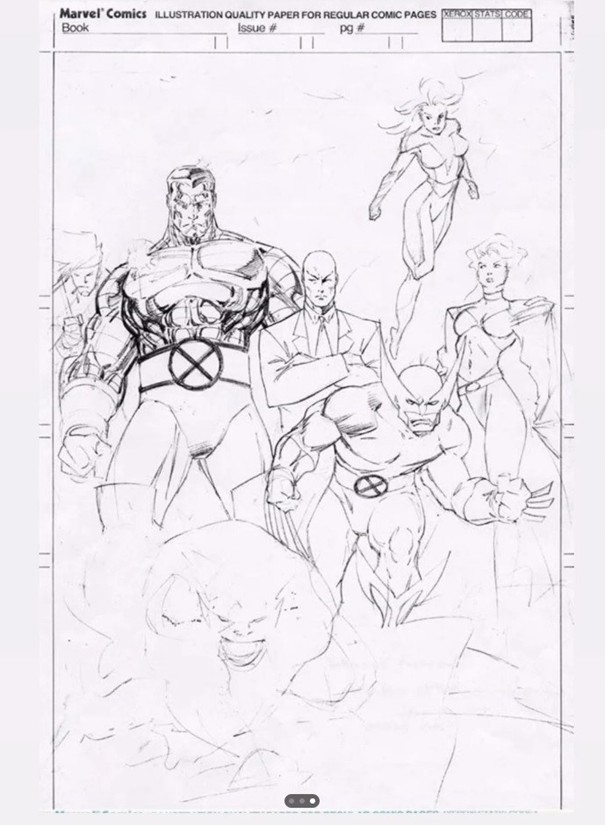 Rysunek X-Men autorstwa Jima Lee przygotowany dla wydawnictwa Marvel Comics (przed nałożeniem tuszu przez Scotta Williamsa)